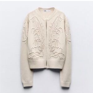 Zara Beige Beaded Embellished Vintage Inspired Cotton Cardigan Bloggers M NWT